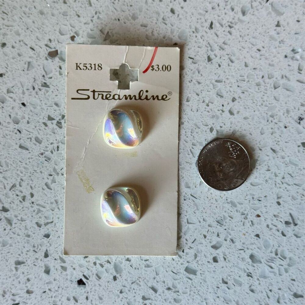 2 Vintage 50s NEW on card White Iridescent Square Shank Buttons Streamline 18mm